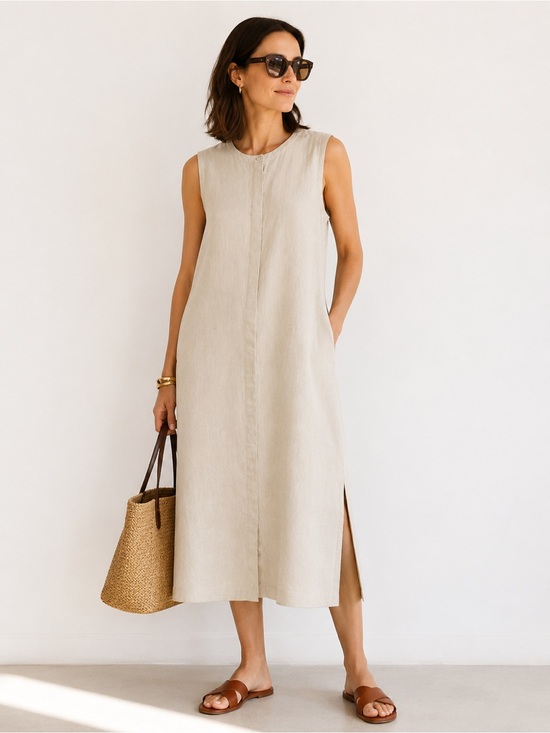 J. Crew Dresses & Skirts - J.Crew 100% Linen Midi Dress Beige Sleeveless Minimalist Coastal Chic SZ L
